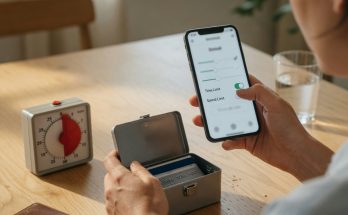 Fotografie eines Erwachsenen, der Spielgrenzen setzt: App-Limits, Timer, ruhige Umgebung zu Hause.