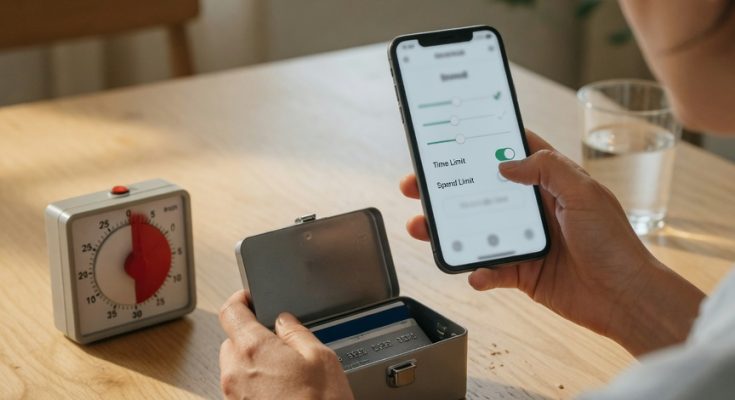 Fotografie eines Erwachsenen, der Spielgrenzen setzt: App-Limits, Timer, ruhige Umgebung zu Hause.