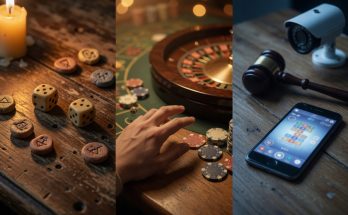 Photographic tableau of gambling evolution, dice to roulette to smartphone, gavel and hesitation