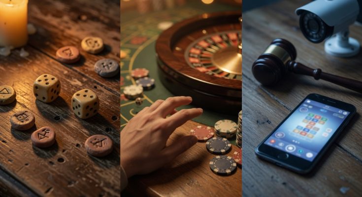Photographic tableau of gambling evolution, dice to roulette to smartphone, gavel and hesitation