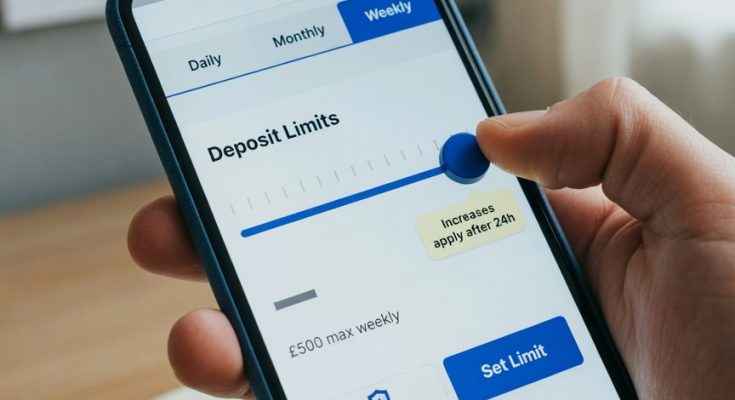 Adult hand adjusts a deposit limit slider on an online casino settings screen with