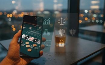 Nahaufnahme einer Hand mit Smartphone in einem Café bei Dämmerung; auf dem Display eine