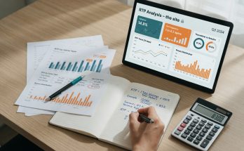Top-down photographic desk scene: a laptop dashboard titled RTP Analysis with panels for Variance,