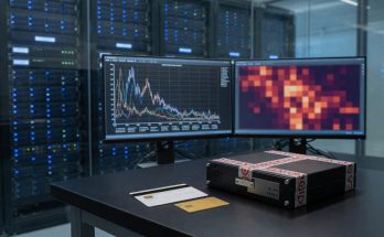 Serverraum zeigt HSM, RNG-Analysen, Zahlungsabwicklung, Architektur, Sicherheitsprotokolle und moderne Serverracks von O