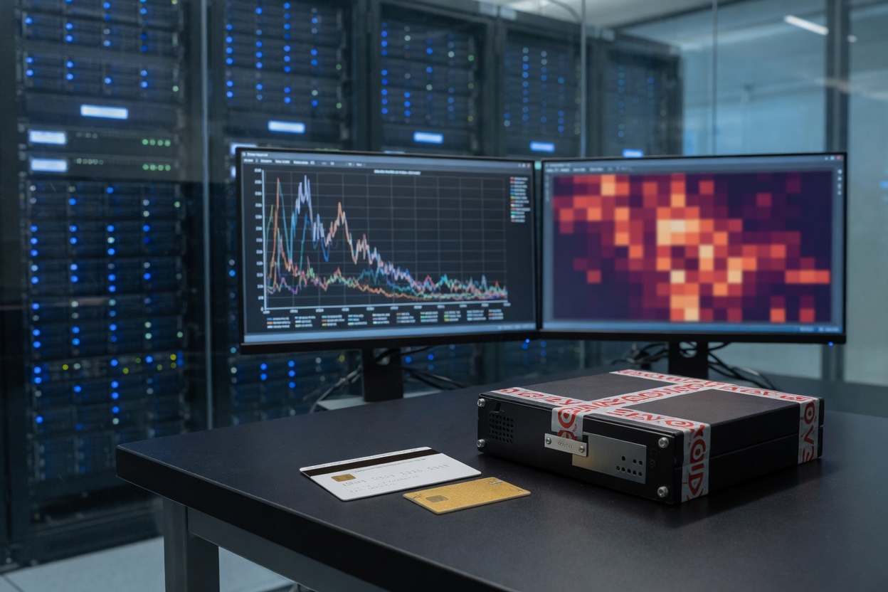 Serverraum zeigt HSM, RNG-Analysen, Zahlungsabwicklung, Architektur, Sicherheitsprotokolle und moderne Serverracks von O