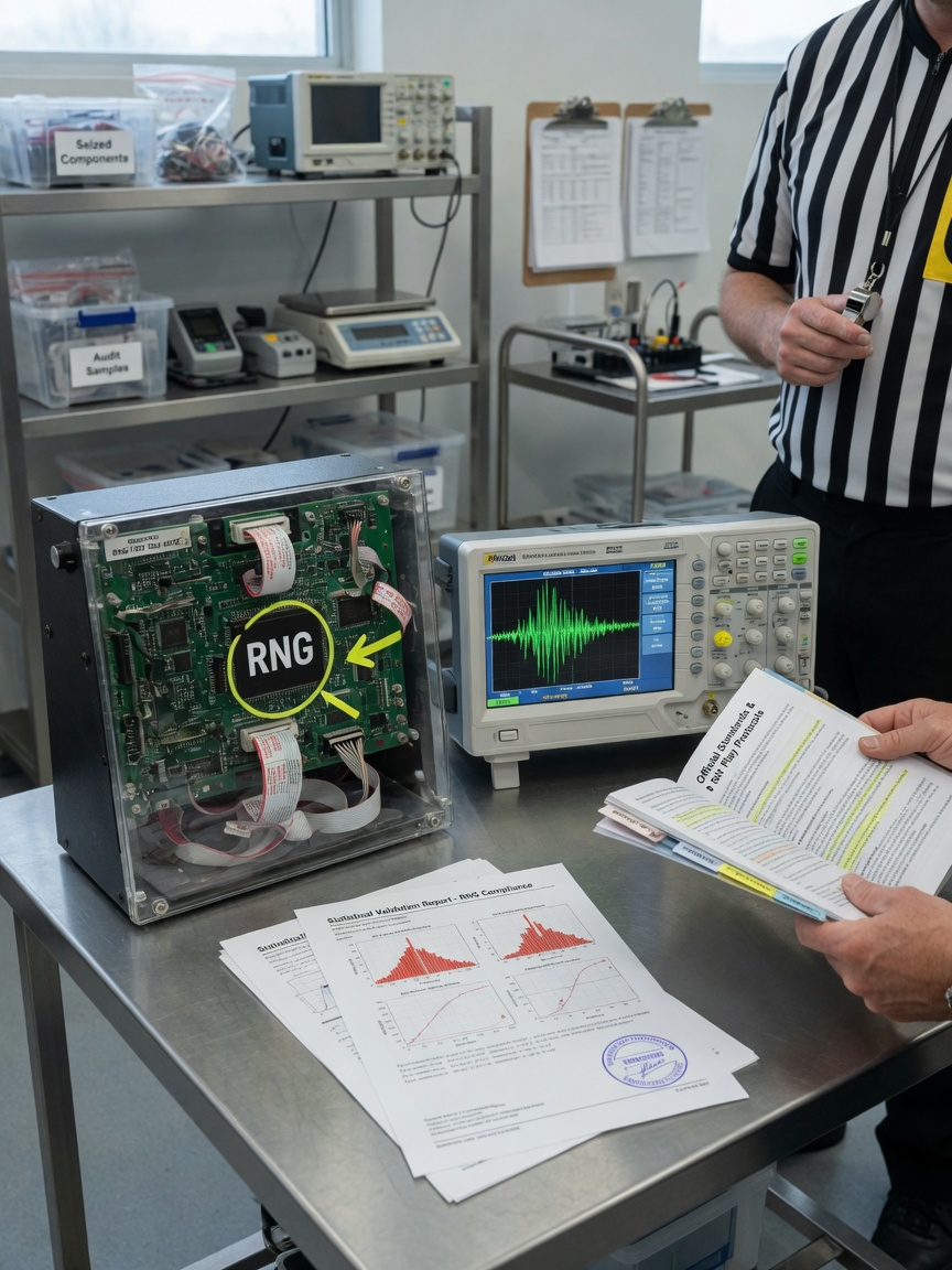A lab inspection scene with a slot machine and roulette wheel under audit, an