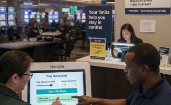 A photo-realistic scene of a casino’s responsible gaming station where an adult patron sets