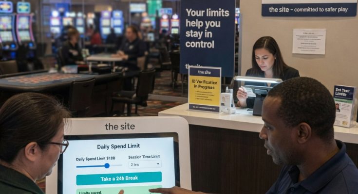 A photo-realistic scene of a casino’s responsible gaming station where an adult patron sets