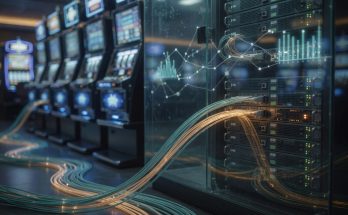 Photograph of networked slot machines connected by glowing cables to a secure server rack,