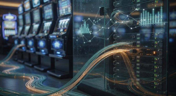 Photograph of networked slot machines connected by glowing cables to a secure server rack,