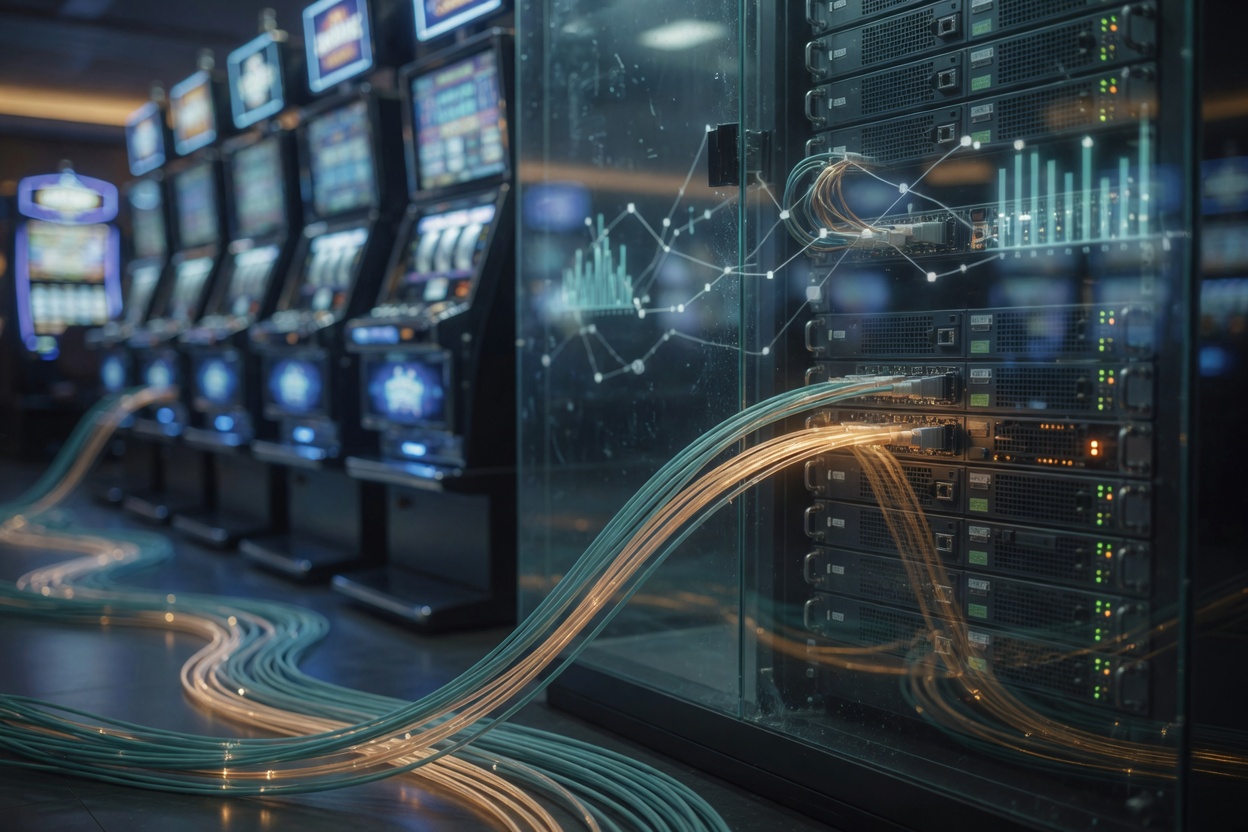 Photograph of networked slot machines connected by glowing cables to a secure server rack,
