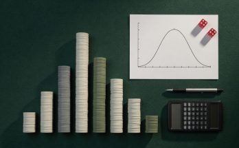 Analytical gambling flat lay with chips, dice, charts, calculator on felt top-down.