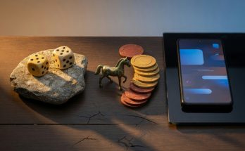 Geschichte des Glücksspiels: antike Würfel, Pferdefigur mit Jetons, Smartphone-Wetten, Risikoschatten.