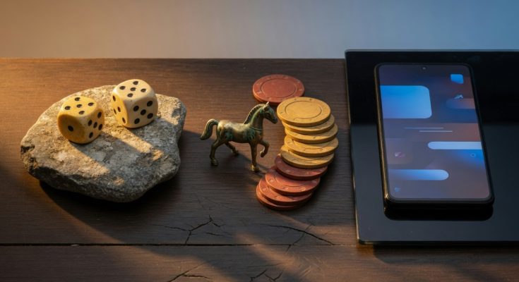 Geschichte des Glücksspiels: antike Würfel, Pferdefigur mit Jetons, Smartphone-Wetten, Risikoschatten.
