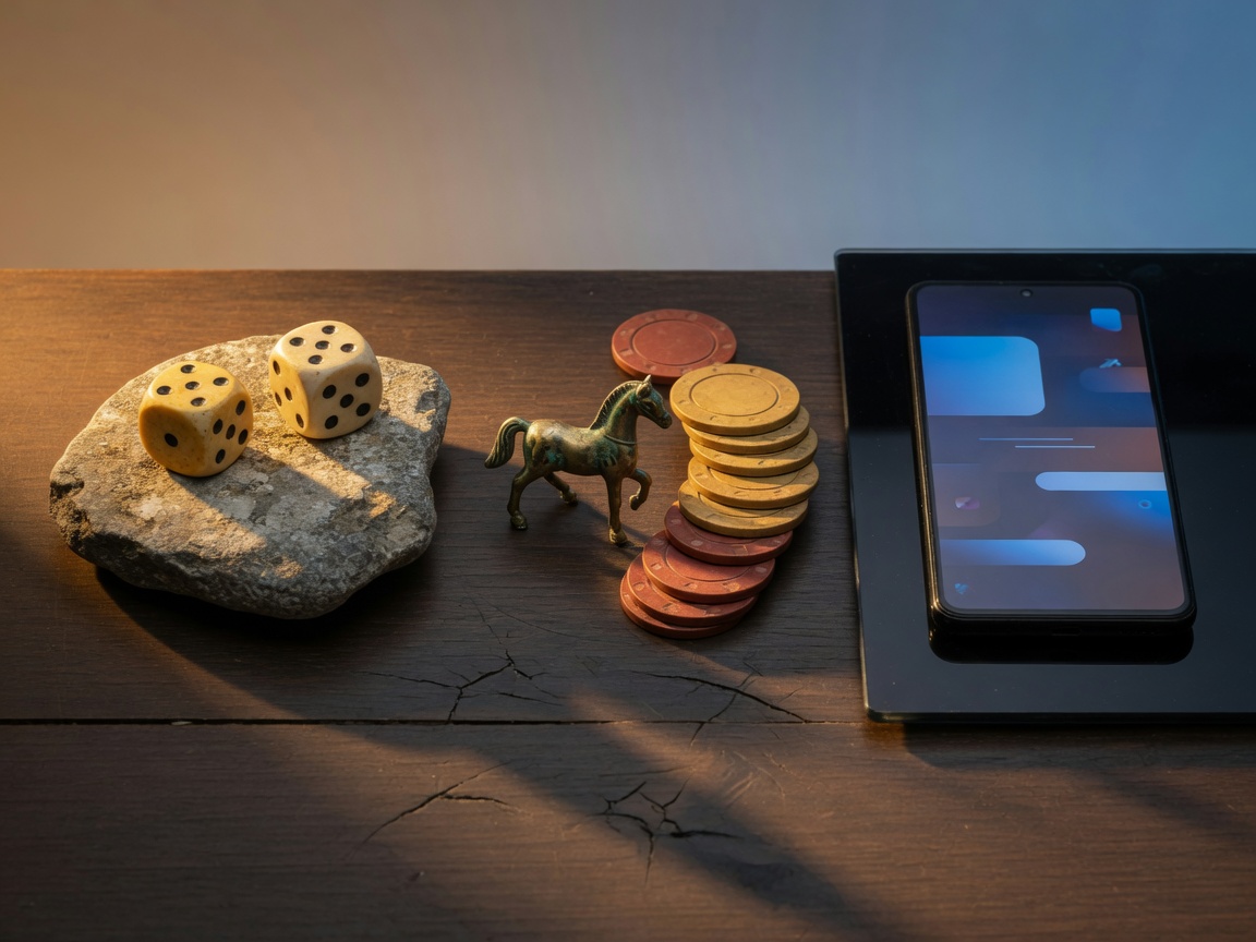 Geschichte des Glücksspiels: antike Würfel, Pferdefigur mit Jetons, Smartphone-Wetten, Risikoschatten.