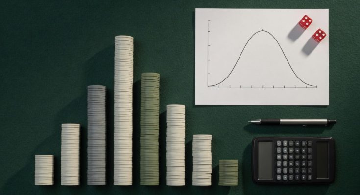 Analytical gambling flat lay with chips, dice, charts, calculator on felt top-down.