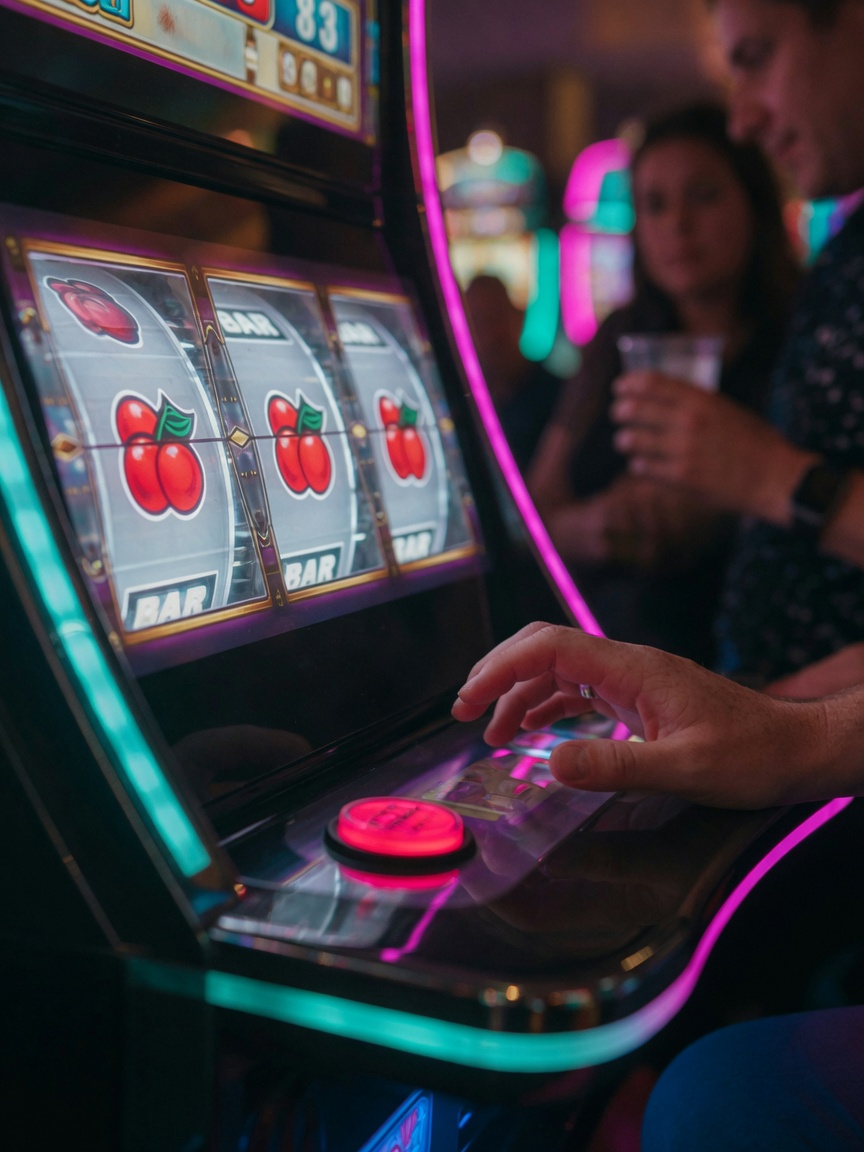 Photo depicting gambling psychology: near-miss slot, hesitant hand, blurred onlookers applying pressure.