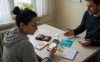 Zwei Erwachsene am Küchentisch: eine Person wirkt gestresst und blickt auf ein Smartphone mit